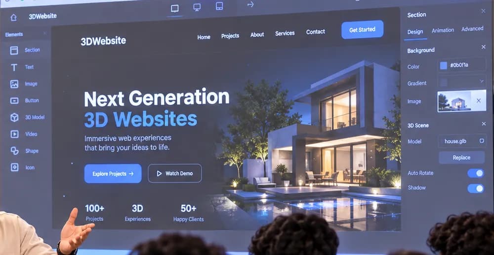 Website builder screen with a 3D scene panel during a class