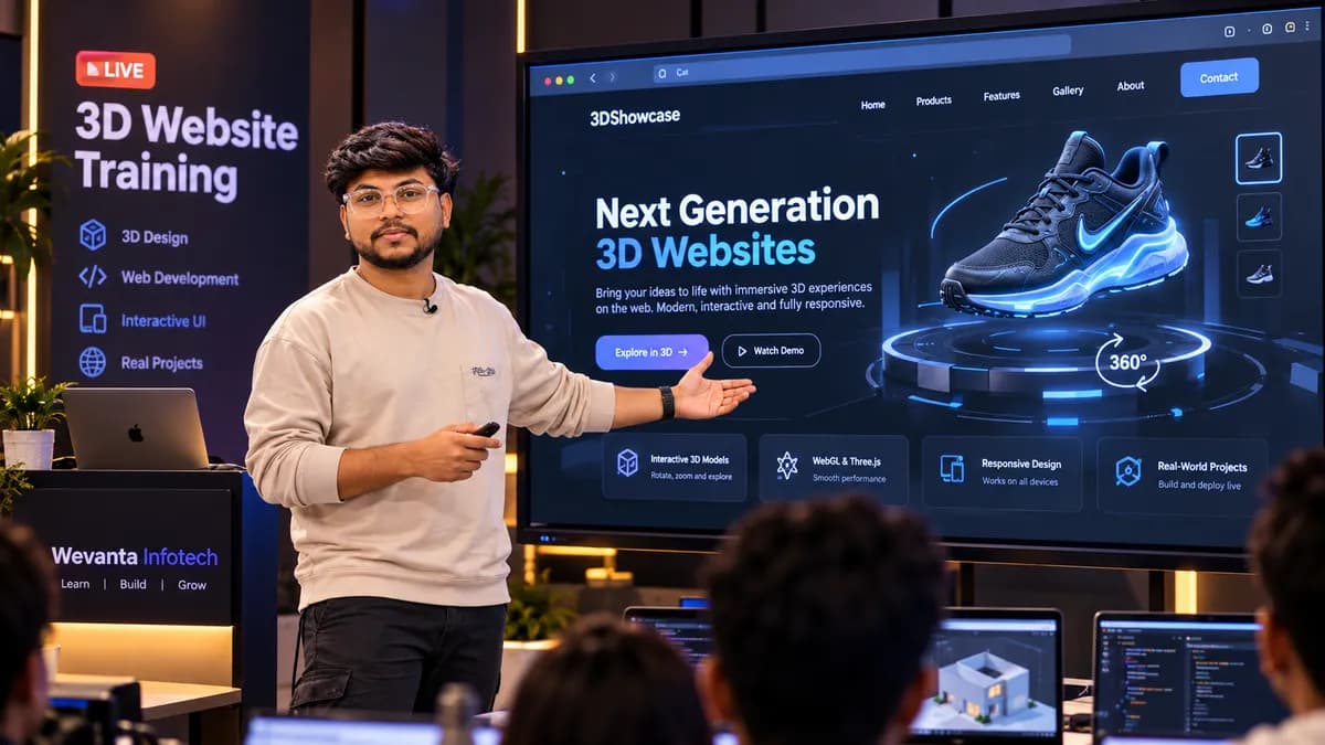 Ajay presenting a 3D product website on a large screen